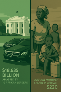 Illustration contrasting wealth and poverty in Africa, showing luxury cars and a mansion on one side, and an impoverished African family with water containers on the other, with statistics on leaders’ wealth and average income.